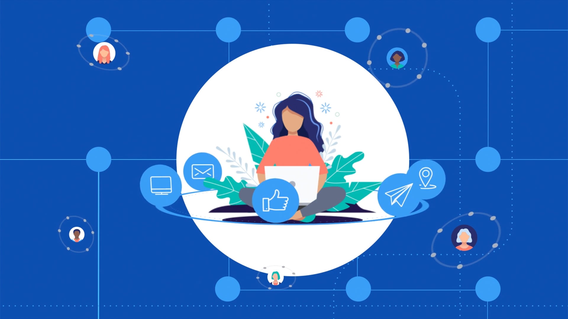 A still frame from the Nexthink explainer video. An illustrated character sits in the middle of various tasks.