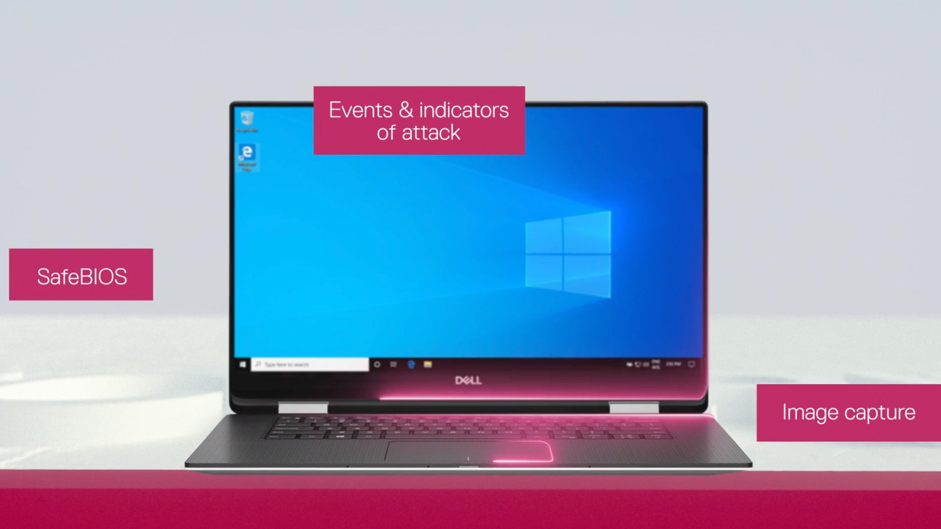 Image from the video series of a laptop facing forward and placed within a white 3D space with text floating around it.