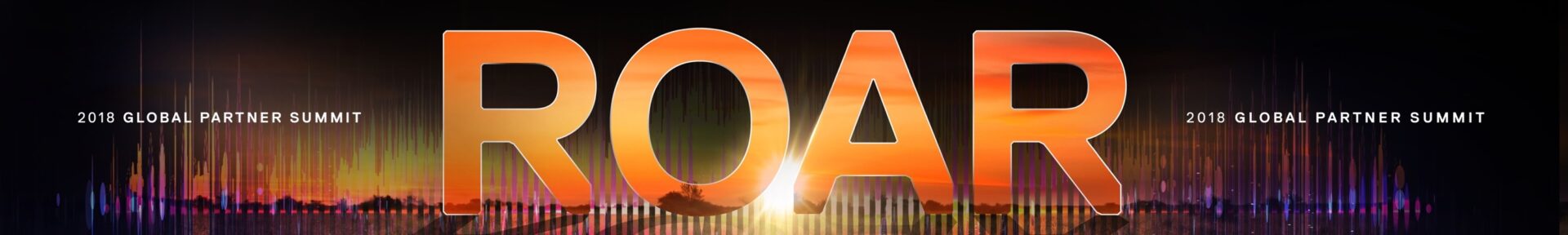 A slide from the Dell Technologies World Global Partner Summit 2018 event presentation. It depicts a sound wave over a safari and the word "roar".