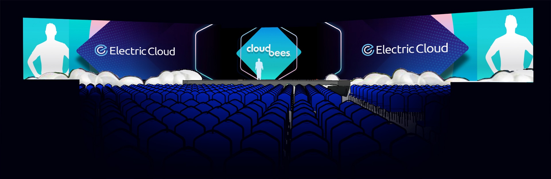 A stage mockup of the three screen set up from 2019 DevOps World Jenkins World event. It depicts the announcement of an acquisition.