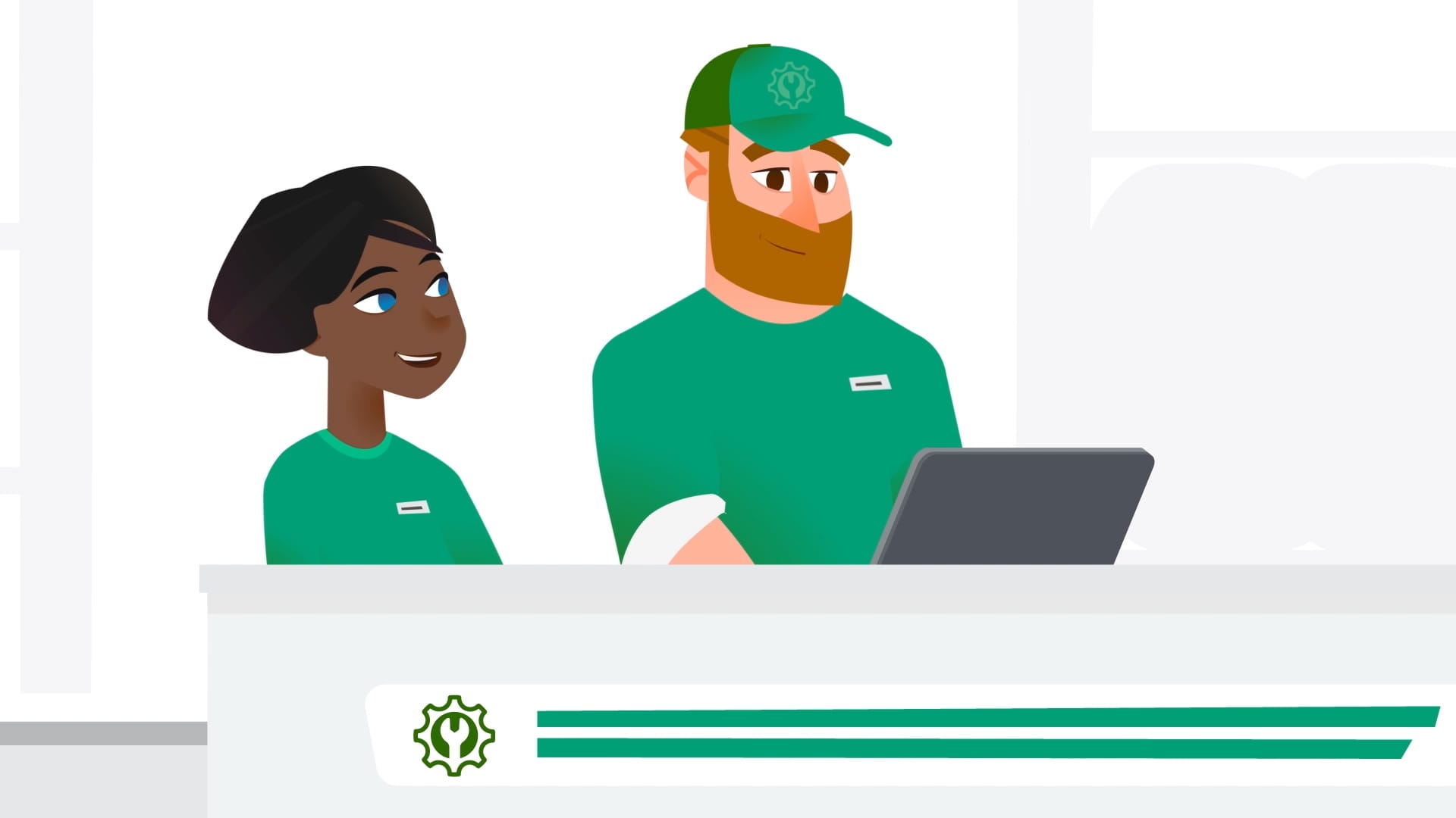 An image from an explainer video created for Juniper Infinity. Two illustrated characters are working in an auto parts store.