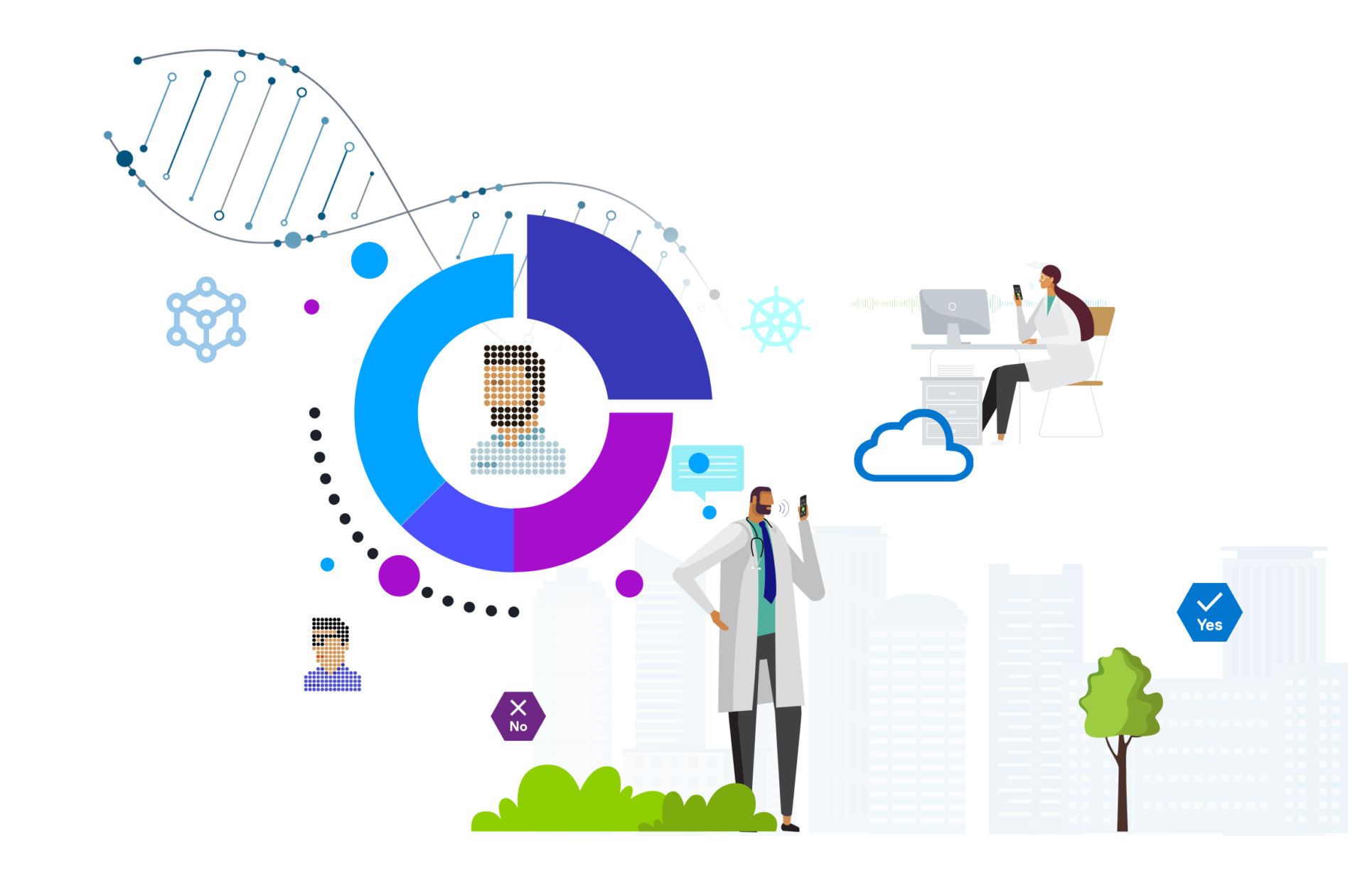 Healthcare characters, DNA, and icons from various infographics.