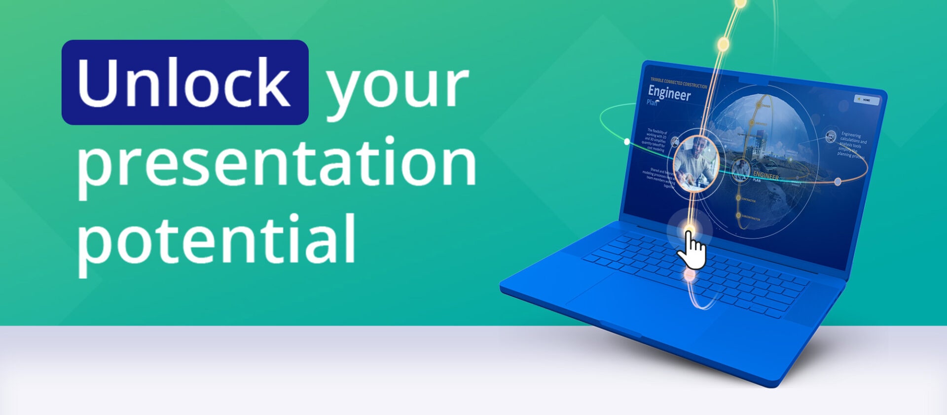 A blue laptop with a CGI interactive project on the screen. Text states "Unlock your presentation potential"