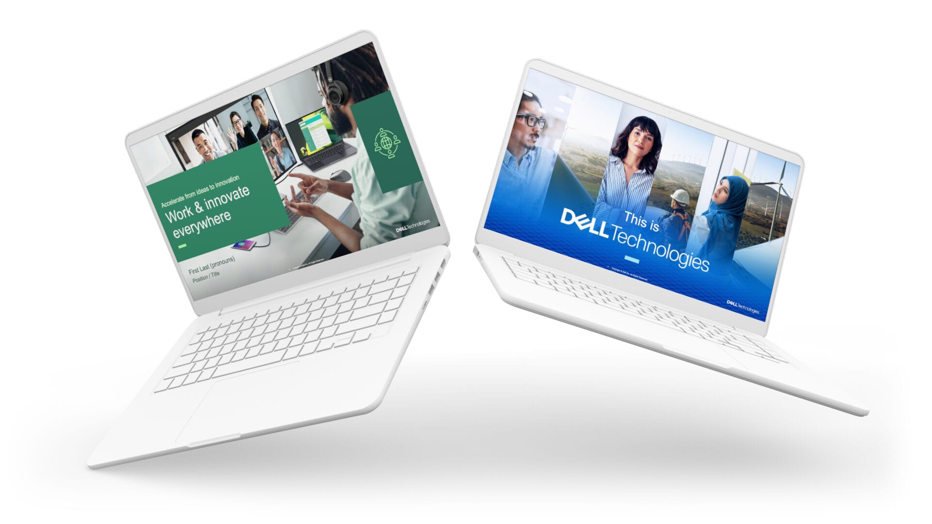 Two white laptops with slides from the Dell Technologies Advantage presentation on the screens.