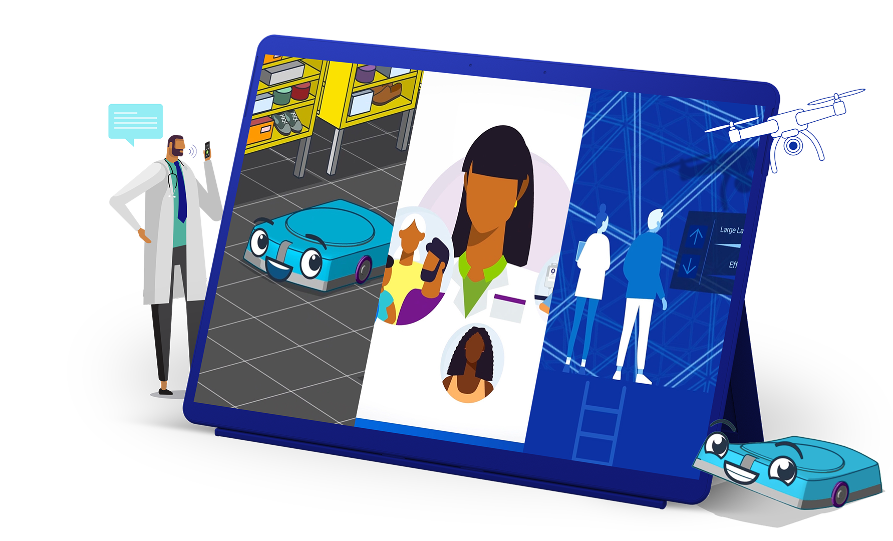A tablet with creative graphics of characters and marketing designs.